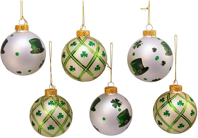 Kurt Adler 80MM Silver and Light Green St. Patrick Glass Ball Ornaments, 6 Piece Box