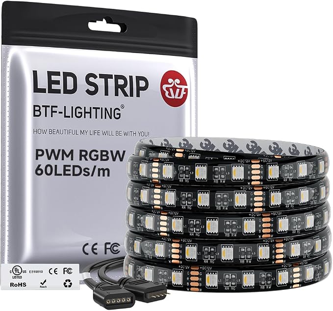 BTF-LIGHTING RGBW LED Strip Lights,UL Listed,5050 4 Colors in 1 RGB + 6000K-7000K Cool White,12V DC,16.4ft/5m 60LEDs/m 12mm Black PCB, IP65 Waterproof for Home Decoration(No Adapter or Controller)