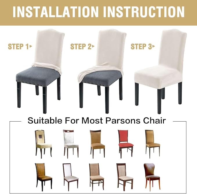 H.VERSAILTEX Dining Chair Covers Velvet Stretch Chair Covers for Dining Room Set of 4 Parson Chair Slipcovers Chair Protectors Covers Dining, Soft Thick Solid Velvet Fabric Washable, Ivory