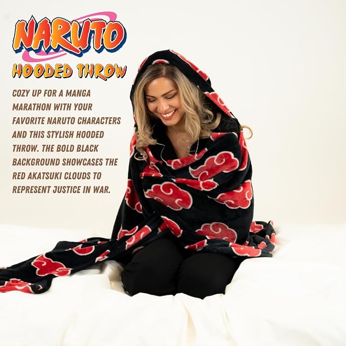 Naruto Anime Akatsuki Cloud Bedding Super Soft and Cozy Wearable Hooded Throw Blanket, 70 in x 50 in (Official Licensed Product) By Franco Collectibles