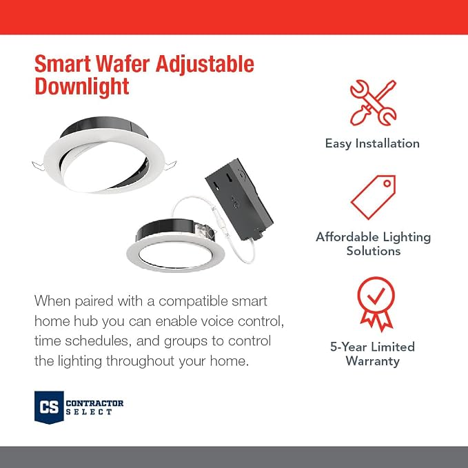 Juno WF4C ADJ TUWH MW M6 Smart LED Wafer Downlight, 2700K-5000K Tunable White, Dimmable, Zigbee or Bluetooth Connection, Use with Alexa, Google Home, SmartThings, Adjustable, 4 Inch, Matte White