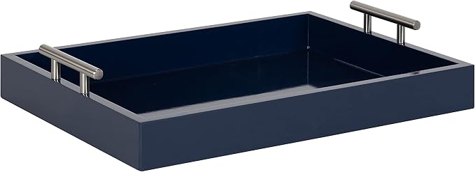 Kate and Laurel Lipton Modern Rectangular Tray, 16 x 12.25, Navy Blue and Silver, Decorative Accent Tray for Storage and Display