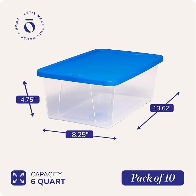 HOMZ Snaplock Clear Plastic Bin 6 Qt./1.5 Gallon | Storage Tote with Secure Lid | for Home, Office, Garage, Dorm Room Organizer | Stackable & Nestable | Blue Lid, Pack of 10