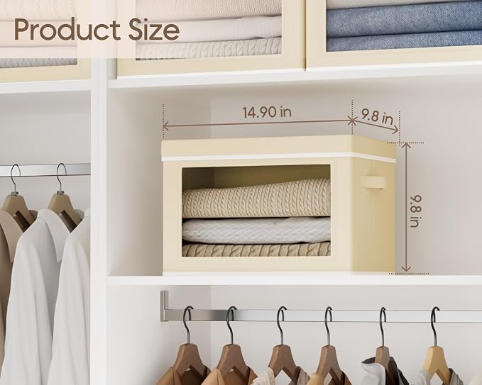 Homsorout Collapsible & Stackable Fabric Storage Bins with Front Window, 6 Pack for Closet, Bedroom, Nursery, Home & Office, Beige, 14.9 x 9.8 x 9.8 Inches