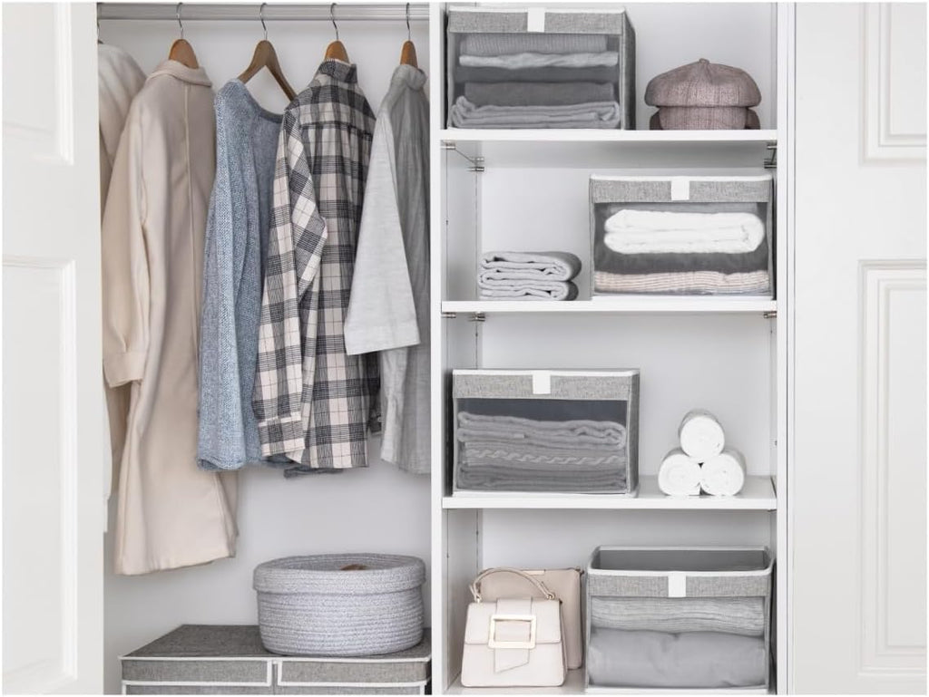 StorageWorks Closet Storage Bins, Large Storage Baskets with Clear Window and Handles, Foldable Fabric Organizer for Clothes, Shelves, Gray, 3 Pack