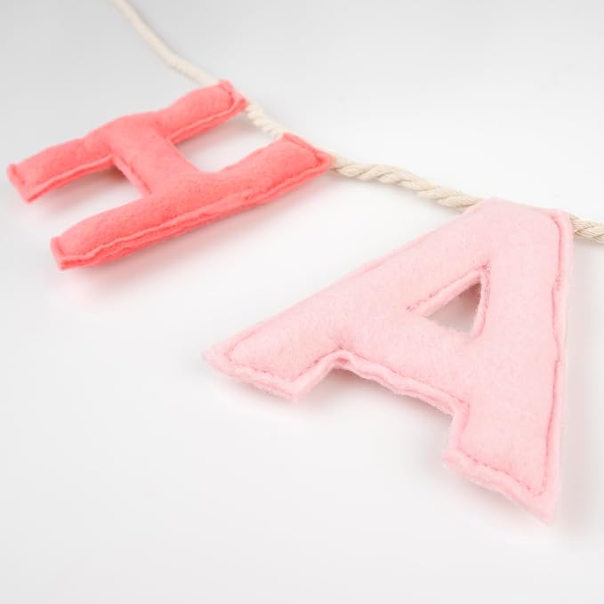 Meri Meri Pink Felt Happy Birthday Banner (Pack of 1), Reusable Party Decoration, 10' Happy Birthday Party Banner Including Excess Cord