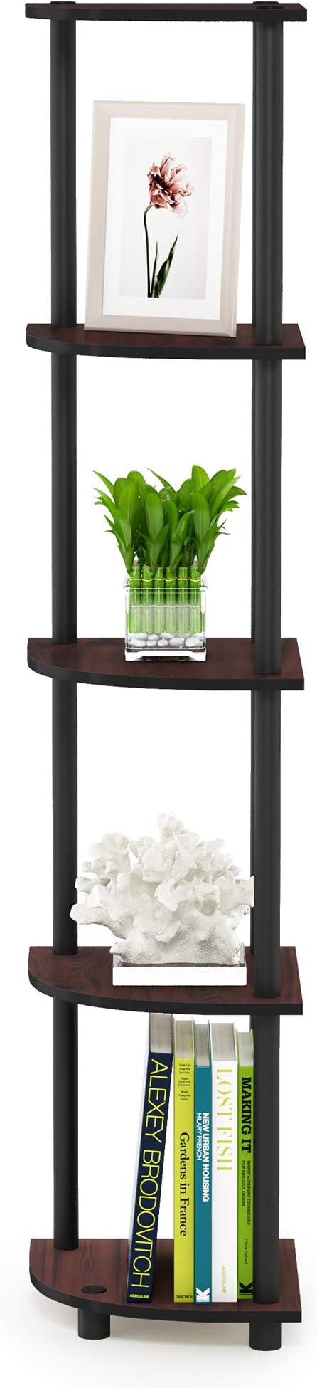 Furinno TURN-N-TUBE Corner Shelf, 5-Tier Corner Bookshelf, Open Storage Shelves, for Organization and Storage, Living Room, Home Office, Garage, Bedroom, Dark Cherry