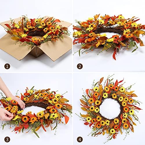 20" Artificial Fall Wreath for Front Door Orange Daisy Autumn Wreath with Colorful Wildflowers and Autumn Foliage Farmhouse Fall Door Wreath for Harvest Thanksgiving Fall Decorations - Image 5