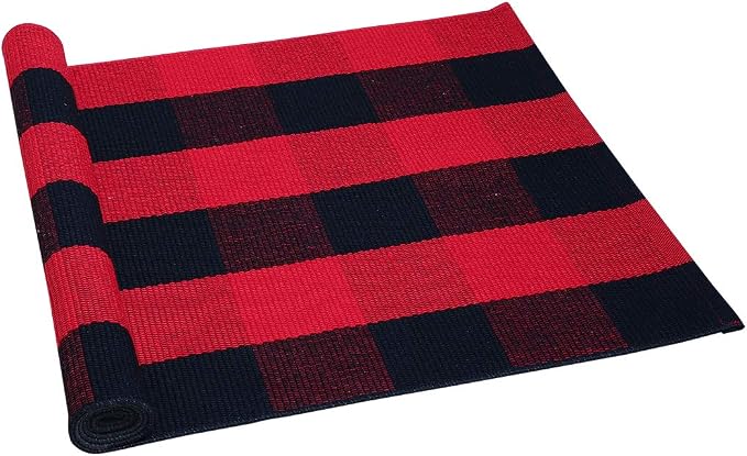 uxcell Buffalo Check Rug,Plaid Outdoor Rug,Layered Door Mat,Cotton Gingham Rugs,Floor Mat for Front Porch/Runner/Bedroom/Kitchen/Farmhouse 51"x24" Red & Black