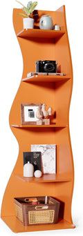 LITTLE TREE Small Corner Shelf, Modern 5-Tier Wall Wavy Corner Bookshelf | Stylish Bookcase Storage Rack for Small Space, Living Room, Bedroom, Orange