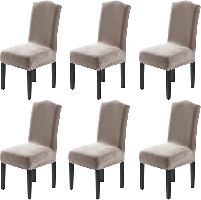 H.VERSAILTEX Velvet Dining Chair Covers Stretch Chair Covers for Dining Room Set of 6 Parson Chair Slipcovers Chair Protectors Covers Dining, Soft Thick Solid Velvet Fabric Washable, Taupe