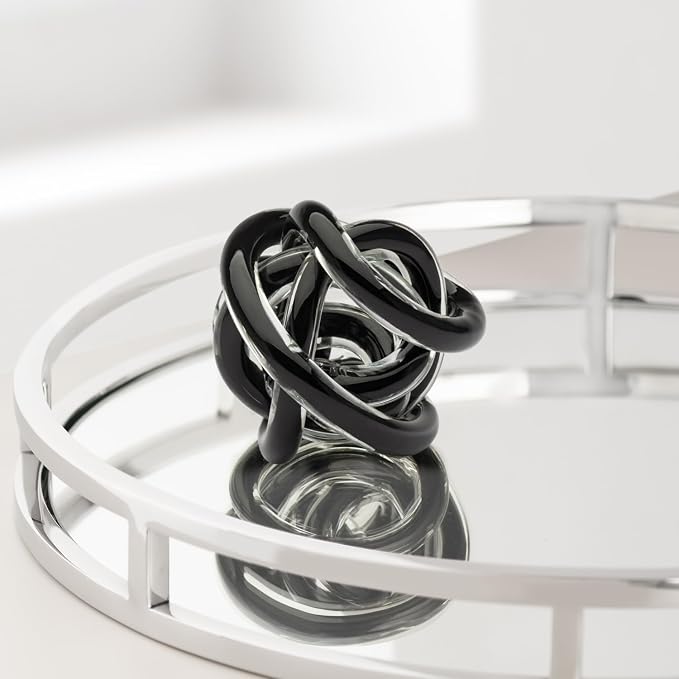 Torre & Tagus Orbit Hand Blown Glass Infinity Knot Sculpture - 3 Inch Glass Art Black Knot Decor Ball for Home Decor, Small Centerpiece Table Decoration for Home Interior (Solid Black)