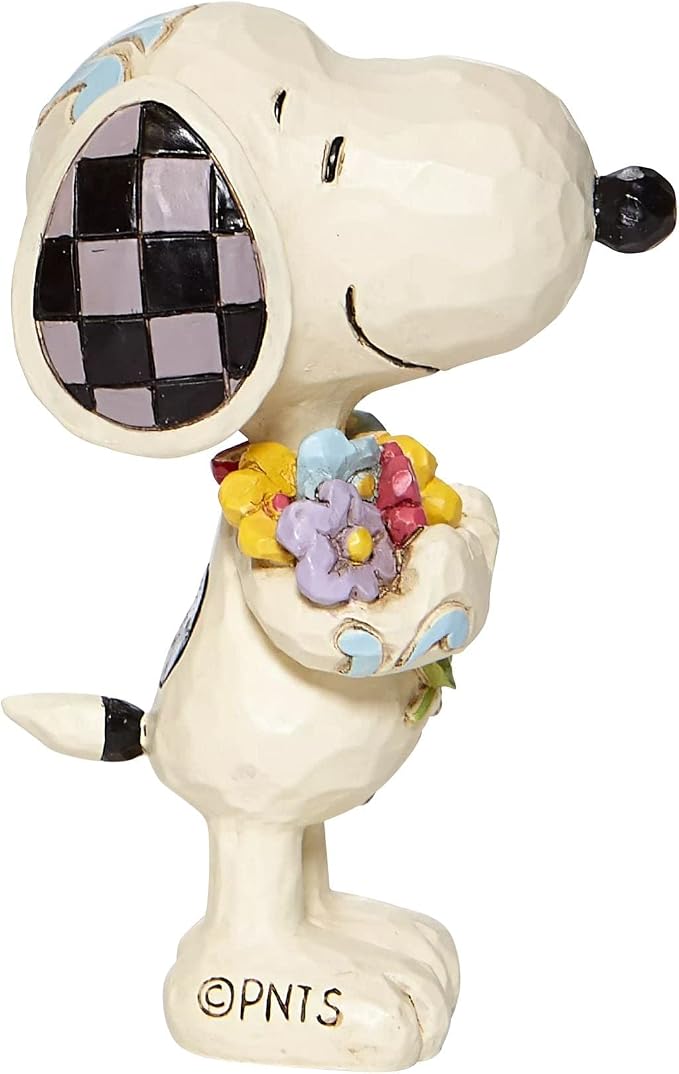 Enesco Peanuts by Jim Shore Snoopy Holding Spring Flowers Miniature Figurine, 3 Inch, Multicolor White