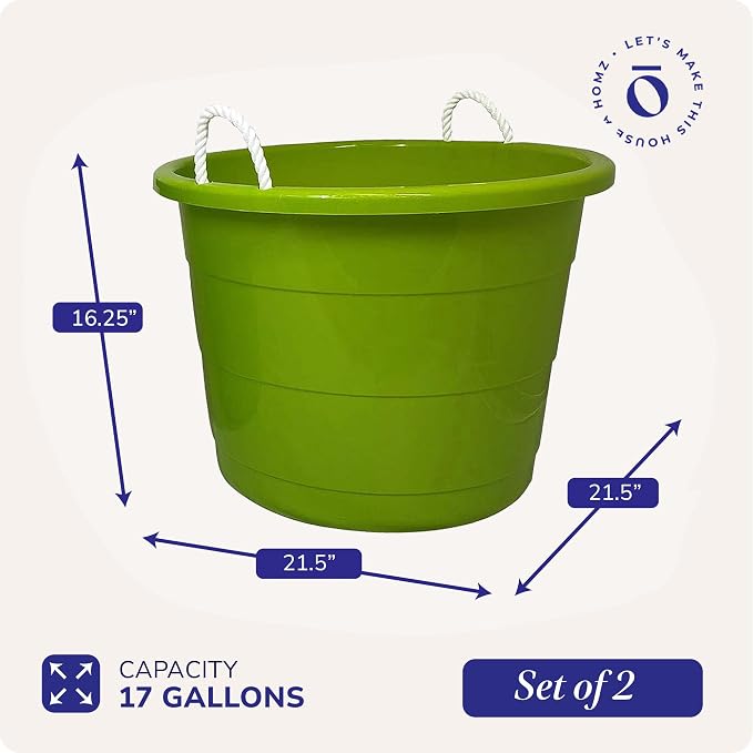 Homz 2 Pack of 17 Gallon Storage Buckets, Durable Plastic Containers, Sturdy Rope Handles, Large Tubs for Sports Equipment, Party Cooler, Gardening, Toys and Laundry, Bold Lime