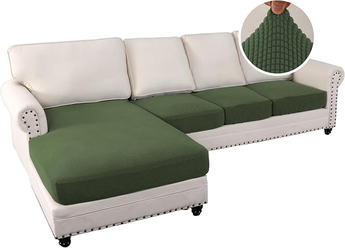 H.VERSAILTEX Sectional Couch Covers 4 Pieces Sofa Seat Cushion Covers L Shape Separate Cushion Couch Chaise Cover for Both Left/Right Sectional Couch (Seat Only: 1 Chaise + 3 Sofa, Bronze Green)