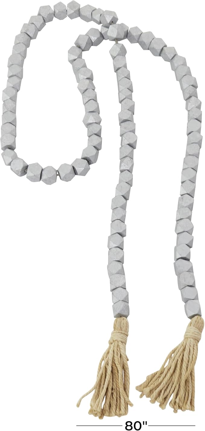 Deco 79 Mango Wood Handmade Hexagon Metallic Carved Geometric Long Beaded Garland with Tassel, 80" x 1" x 1", Silver