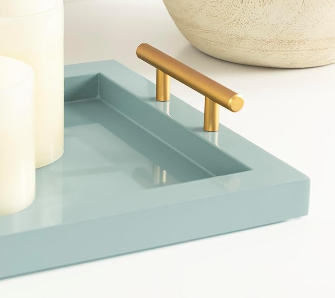 Kate and Laurel Halsey Rectangle Decorative Narrow Tray with Gold Metal Handles; 24 x 10; Blue and Gold; Modern Glam Slim Serving Tray with Handles for Living Room Decor