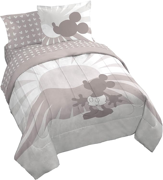 Disney Mickey Mouse Queen Comforter Set 7 Piece Cartoon Bedding, Grey | Bed in a Bag, Comforter Sheets Shams Pillowcases, Official Product, Soft Microfiber, Machine Washable, Kids Gift