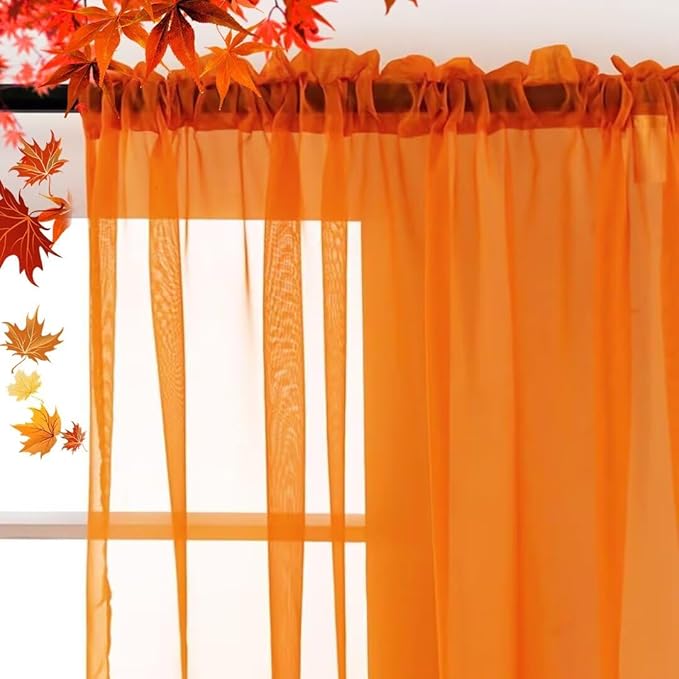 SpaceDresser Basic Rod Pocket Sheer Voile Window Curtain Panels Orange 2 Panels 52 Width 45 Inch Long for Kitchen Bedroom Children Living Room Yard(Orange,52 W x 45 L)