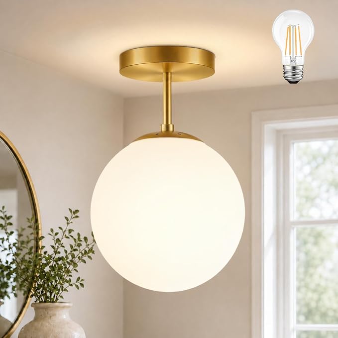 Globe Semi Flush Mount Ceiling Light Fixture Globe Ceiling Light Milk Glass Matte Gold Finish Contemporary Mid Century Modern Lighting for Hallway Living Room Kitchen Bedroom Storage(Bulb Included)