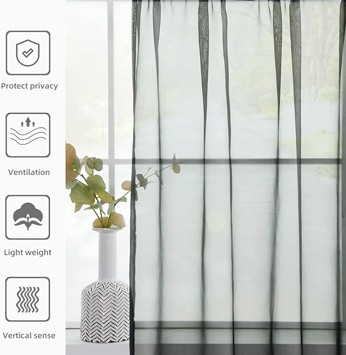 youleyar Solid Sheer Rod Pocket Curtain Voile Draperies 2 Panels White Beige Black Grey Coffee 38 Inch Width 45 Inch Long 1 Pair for Kitchen Bedroom Children Living Room Yard(Black,38Wｘ45L)