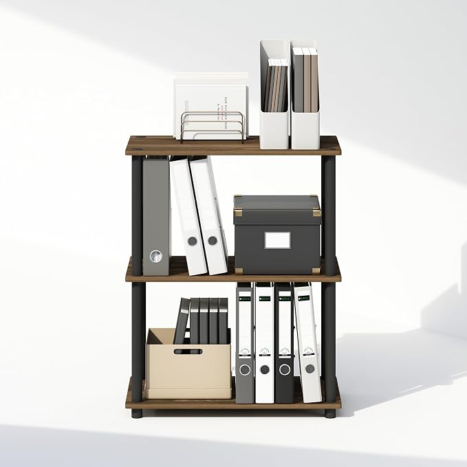 Furinno Turn-N-Tube Book Shelf, 3-Tier Bookshelf, Bookcase with Multipurpose Compact Display Rack, 11.6 x 23.6 x 29.6, for Living Room, Bedroom, Home Office, Columbia Walnut/Black