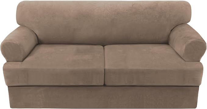 H.VERSAILTEX Sofa Cover 3 Piece T Cushion Sofa Slipcovers Thick Velvet Couch Cover Furniture Protector Stretch T Cushion Sofa Covers for 2 Cushion Couch with 2 Individual T Cushion Covers, Camel