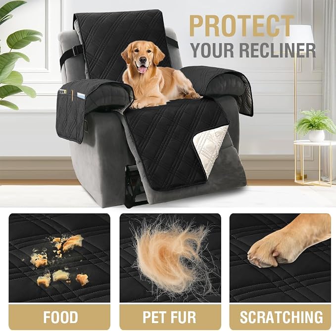 H.VERSAILTEX 100% Waterproof Couch Covers for Reclining Couches Reversible Recliner Chair Covers Furniture Protector with Elastic Straps for Pets Kids Sitting Width Up to 23" (Recliner, Black/Beige)