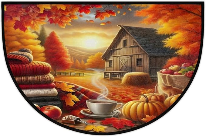 Fall Half Round Doormat Non-Slip Semi Circle Rug Half Moon Mat | Pumpkin Farm Maple Washable Soft Absorbent Indoor Outdoor Entrance Kitchen Bathroom Sink Patio Welcome Fireplace Floor Rug