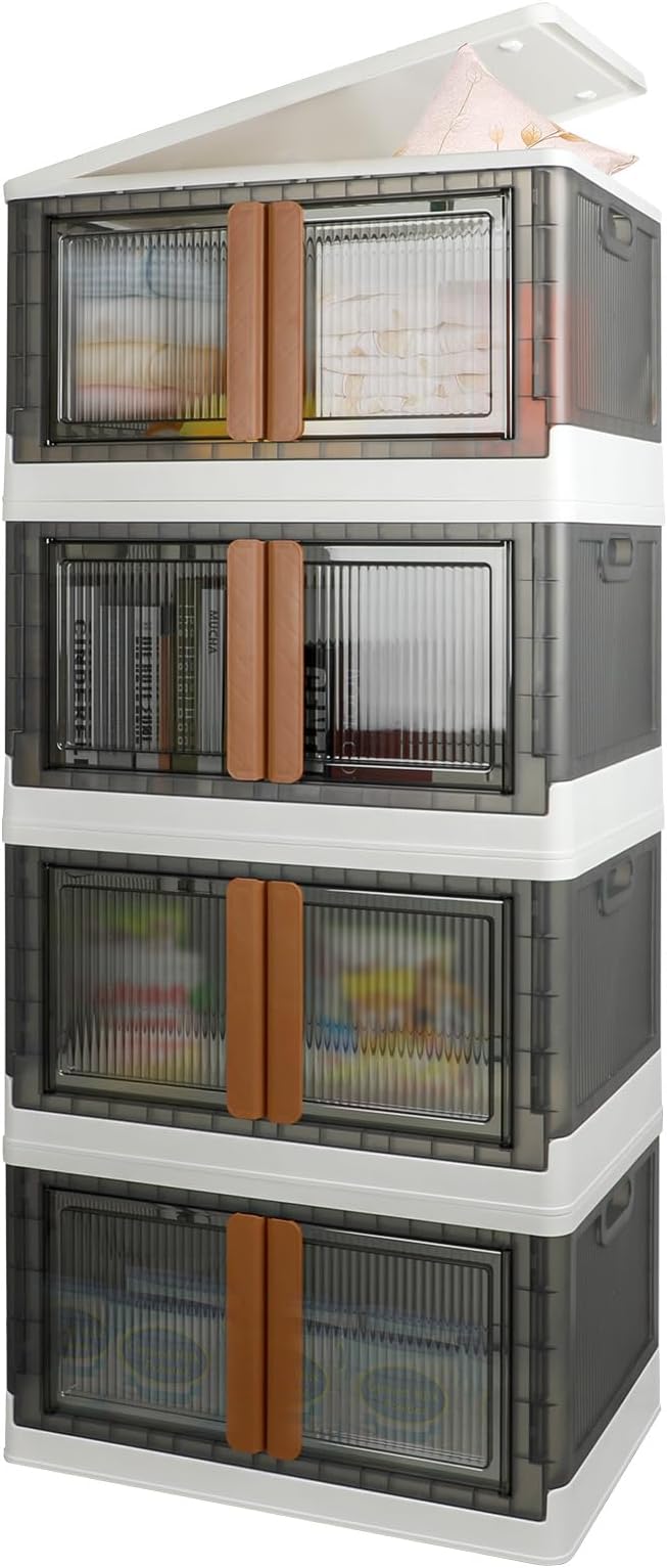 Storage Boxes, Extra Large Cabinet with Lids, 19 Gallon(72L) Capacity (Each One), 4 Packs, Useful Box with Door and Buckles, Foldable, Transparent, Excellent Home Organizers