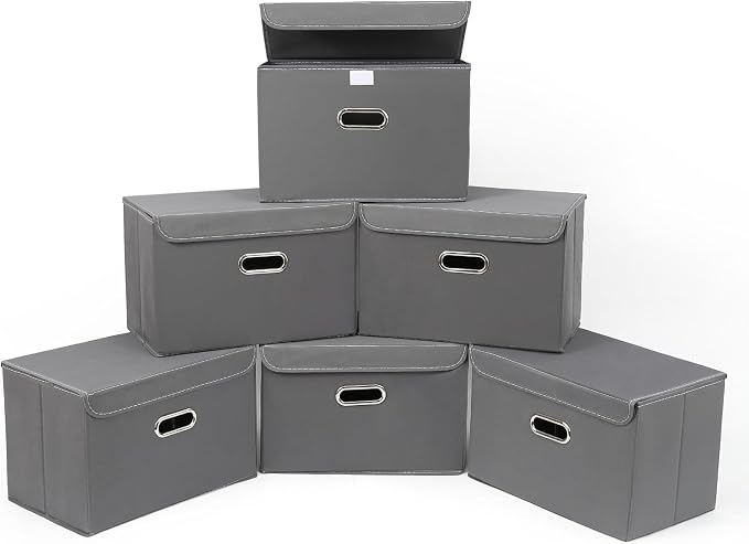 STOREONE Fabric Storage Cube Bins Foldable Organizer Container Collapsible Basket with Lids and Metal Handles, for Home, Bedroom, Closet 6 Pcs (Grey)