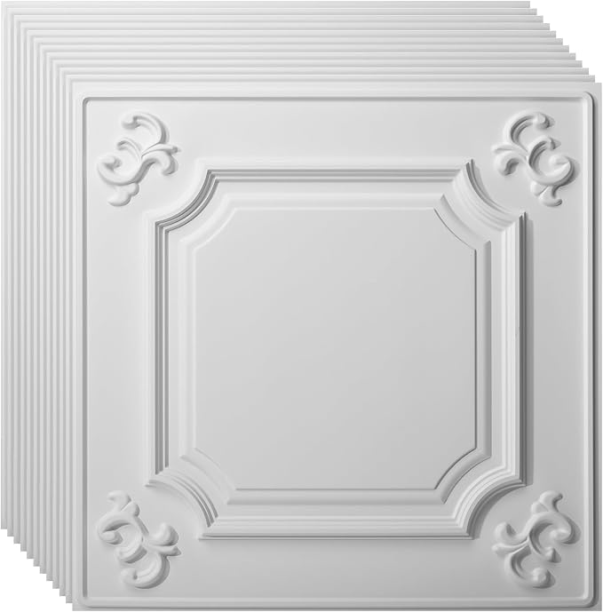 Art3d Drop Ceiling Tiles 24x24,(12-Pack, 48 Sq.ft),Wainscoting Panels Glue Up 2x2, Cloud-White | PVC, Water Resistant, Shatterproof, Fade-Resistant, Compatible with Grid System, Versatile for Living Room, Bedroom & Office