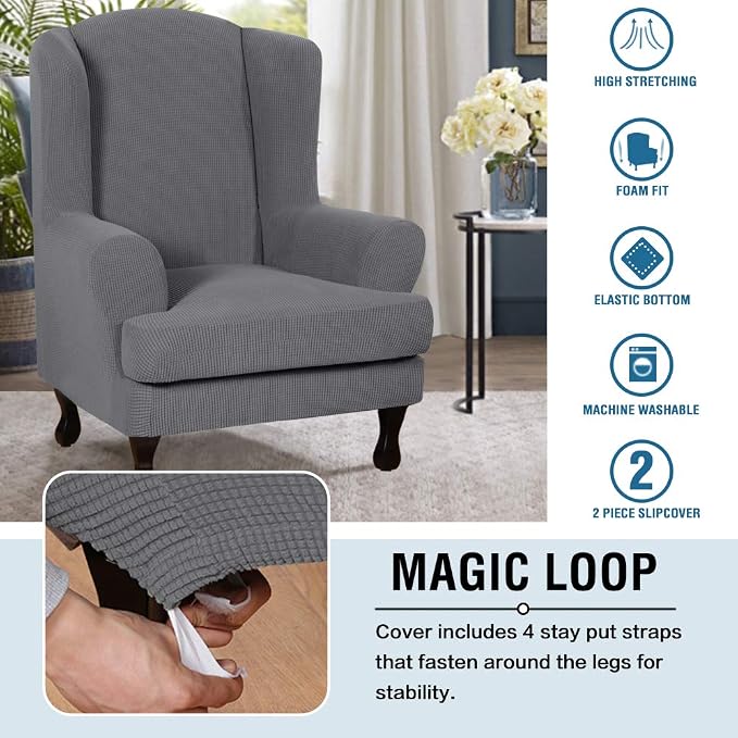 H.VERSAILTEX 2 Piece Stretch Jacquard Wingback Chair Covers Slipcovers Wing Chair Covers (Base Cover Plus Seat Cushion Cover) Furniture Covers for Wingback Chairs, Form Fitted Thick Soft, Grey