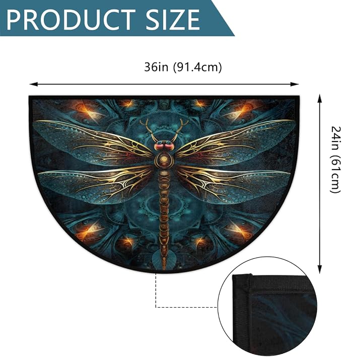 Pardick Half Round Doormat Dragonfly Animal Blue Semi Circle Rug Non Slip Indoor Outdoor Entrance Half Moon Rug Washable Front Floor Mat for Kitchen Bathroom Patio Fireplace Holiday Decor