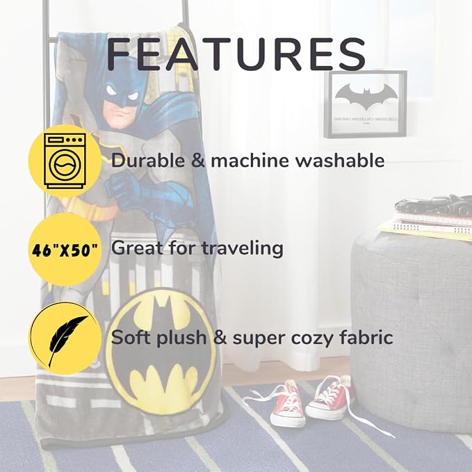 Batman DC Comics Kids Bedding Super Soft Silk Touch Throw, 40 in x 50 in, (Official Licensed Product) by Franco
