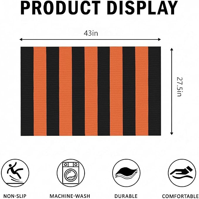 Striped Outdoor Rug 27.5x43 Orange and Black Front Door Mat, Halloween Layering Rug for Porch, Washable Doormat, Cotton Area Rug for Outdoor Entrance Entryway Patio Porch Decor