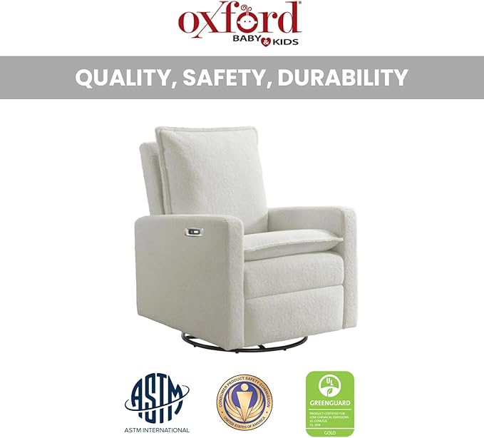 Oxford Baby Uptown Upholstered Glider Recliner Rocking Chair 360° Swivel for Nursery and Living Room - Boucle White, Green Guard Gold Certified