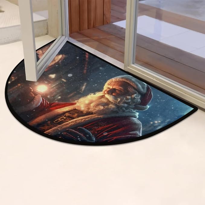 cfpolar Christmas Winter Santa Claus Half Round Door Mat Indoor Entrance Half Circle Area Rug Semi Circular Door Mat Half Moon Rug for Floor Bathroom Living Room Bedroom Kitchen Fireplace 24"x36"