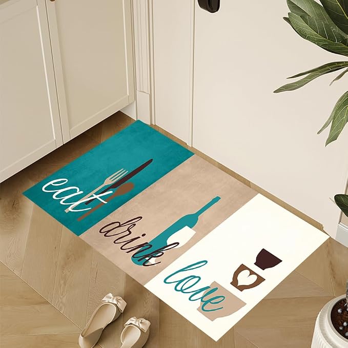 GUBIYU Teal Green Beige Area Rugs for Kitchen Dining Room Non Skid Washable Eat Drink Love Motto Design Rustic Rugs 23.6"x35.4"