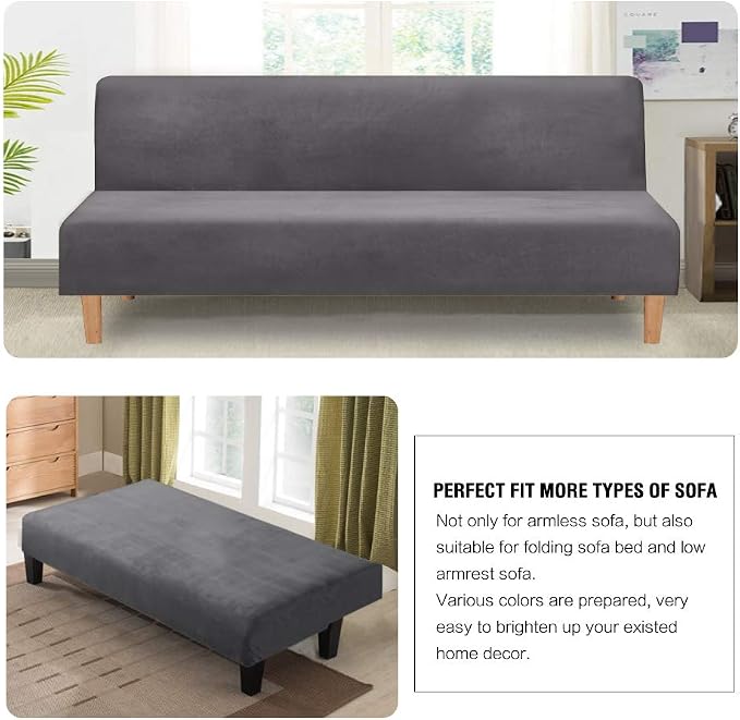 H.VERSAILTEX Real Velvet Futon Cover Armless Sofa Covers Sofa Bed Covers Stretch Futon Couch Cover Sofa Slipcover Furniture Protector Thick Soft Velvet Fabric Form Fitted Stay in Place, Grey