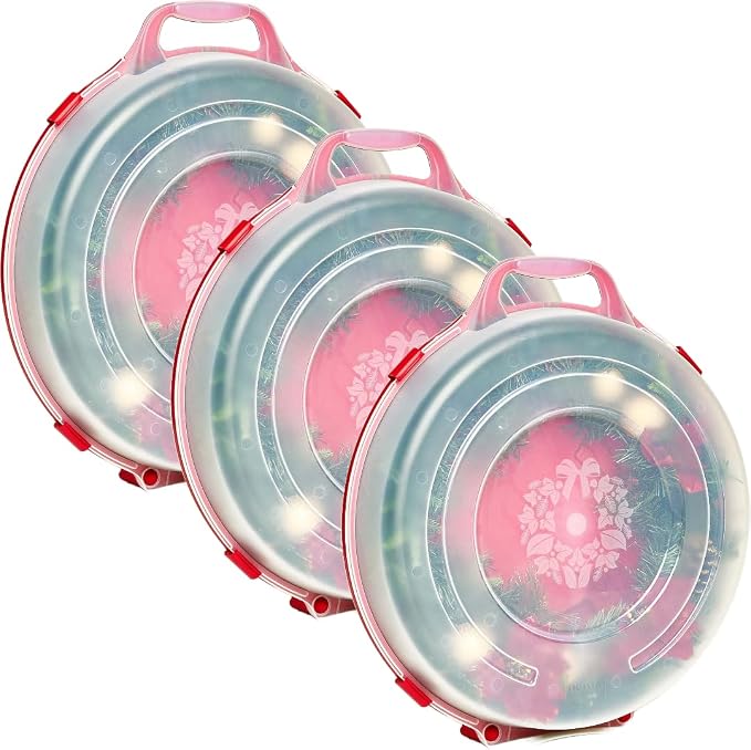 HOMZ Set of 3 Holiday Wreath Plastic Storage Containers, Holds Up to 24” Diameter, Secure Latching Lid and Easy Grip Handle, Stackable and Nestable, Red/Clear | Stackable Seasonal Decoration Organizer Bins with Lids and Handles for Christmas Wreaths an...