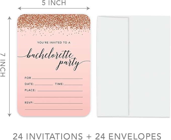 Andaz Press Blush Pink and Rose Gold Glitter Elegant Party Collection, 5x7-inch Invitations with Envelopes, Bachelorette Party, 24-Pack, Double Sided Printing, Heavy Card Stock, Includes Envelopes