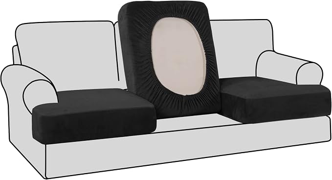 H.VERSAILTEX Stretch Velvet 3 Piece T Cushion Sofa Slipcovers - Individually Fitted Cushion Covers for 3 Cushion Couch - Stay in Place (Black)
