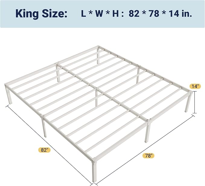 Allewie King Size Bed Frame, 14 inch Metal Beds with Storage Space, White | Heavy-Duty Metal Platform Beds, Large Under-Bed Storage Space, No Box Spring Needed, Easy Assembly