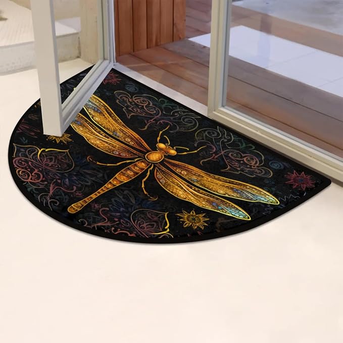 Boho Dragonfly Half Round Door Mat Welcome Entrance Mat Bath Bathroom Rug | Boho Dragonfly Welcome Entrance Mat Anti-Slip Half Moon Bath Mat Semi Circle Rug Indoor Outdoor Kitchen Rug