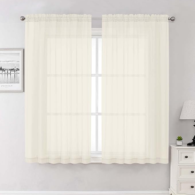 Lecloud Cream Sheer Curtains 63 Inch Length 2 Panels, Rod Pocket Light by Lecloud