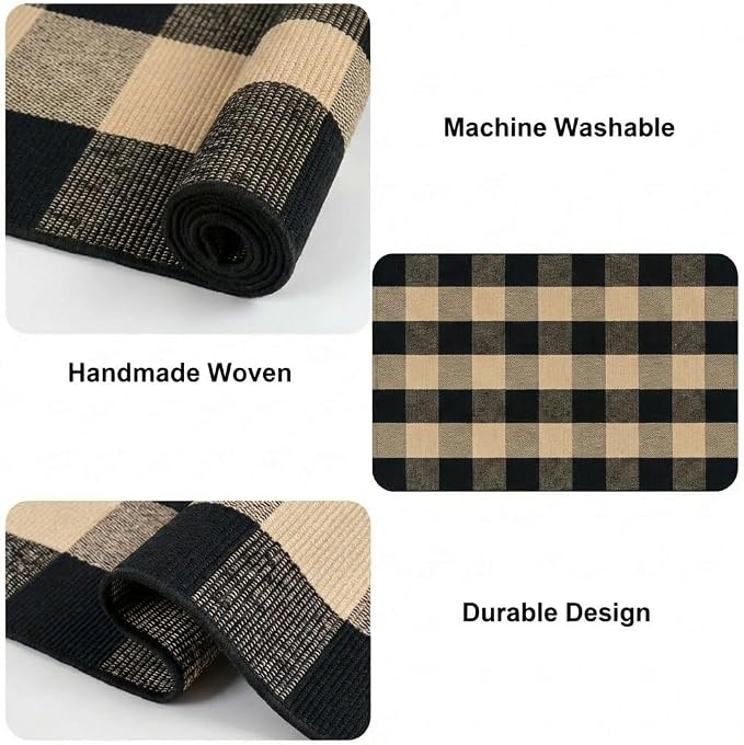 Buffalo Plaid Rug 3' x 5' Brown and Black Front Door Mat Reversible Layered Porch Rug Washable Hand Woven Cotton Area Rug for Indoor Outdoor Entryway Patio Porch Decor