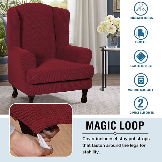 H.VERSAILTEX 2 Piece Stretch Jacquard Wingback Chair Covers Slipcovers Wing Chair Covers (Base Cover Plus Seat Cushion Cover) Furniture Covers for Wingback Chairs, Form Fitted Thick Soft, Burgundy