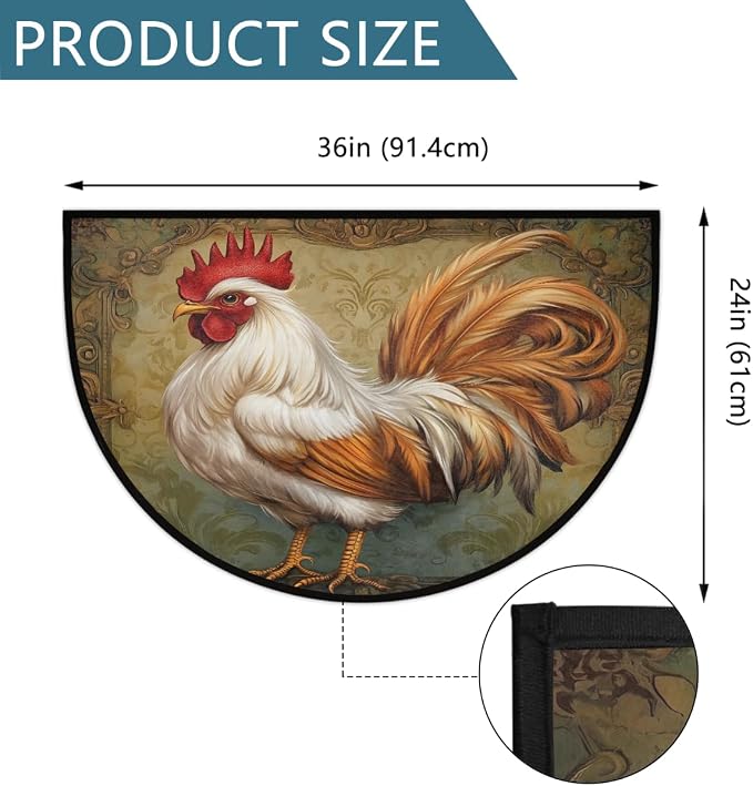 Rooster Half Round Doormat Semi Circle Rug Half Moon Rug Entryway Mat | Rooster Vintage Washable Non Slip Outdoor Floor Rug Kitchen Mat for Indoor Outdoor Bathroom Fireplace Bath Decor