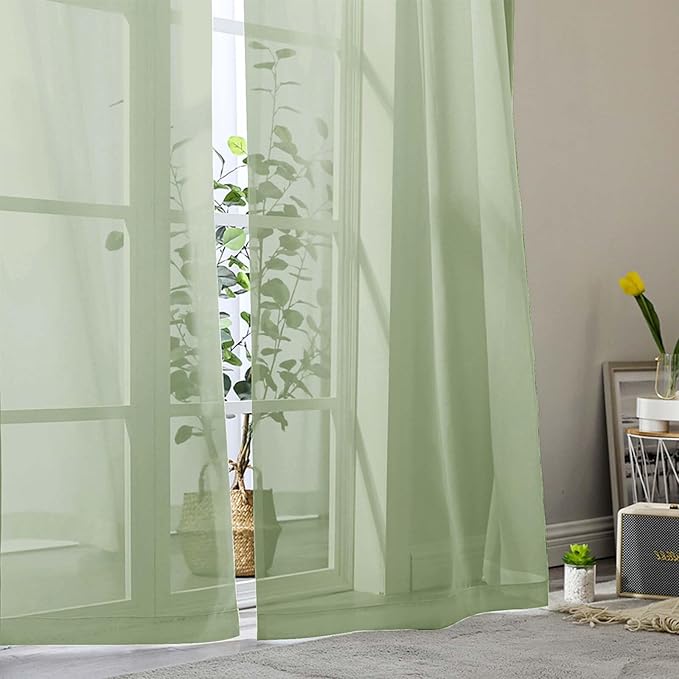 Sheer Light Green Curtains for Bedroom Living Room 90 Inches Long 2 Panels Set, Soft Airy Light Filtering Sheer Window Treatments, Modern Rod Pocket Curtains Drapes, Each 42" Wx90 L Inch